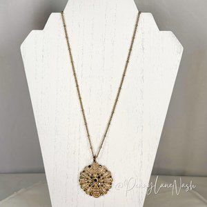 Vintage Flower Etched Burst w/ Stones Pendant Necklace
